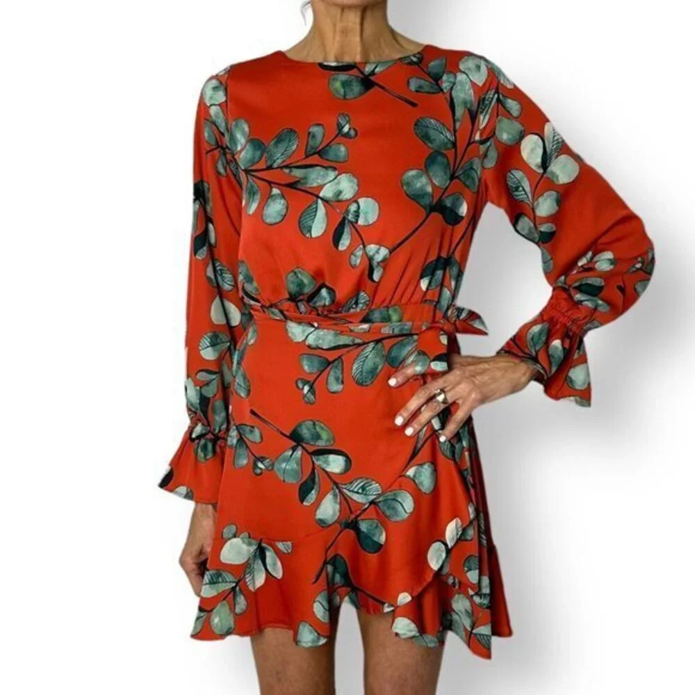 NWT Wade Voss Chili Pepper Long Sleeve Mini Dress Wrap Skirt Tie Size Small